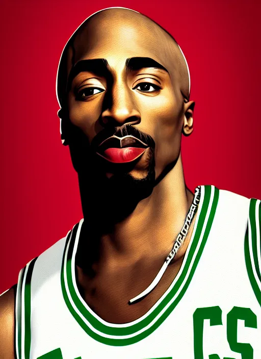 Image similar to portrait of tupac shakur, boston celtics jersey number 3 4, green, white, cartoon digital art, oil on canvas, trending on artstation, octane render