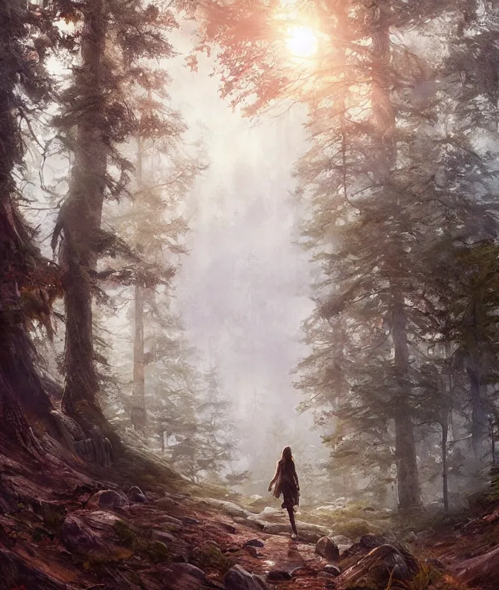 Image similar to most epic landscape, epic cinematic hyperrealism masterpiece. realistic poster with shaded lighting by craig mallismo, artgerm, jeremy lipkin and michael garmash, unreal engine, radiant light, detailed and complex environment, digital art, art station trends, environmental portrait, low angle, 3 5 mm, forest path, misty