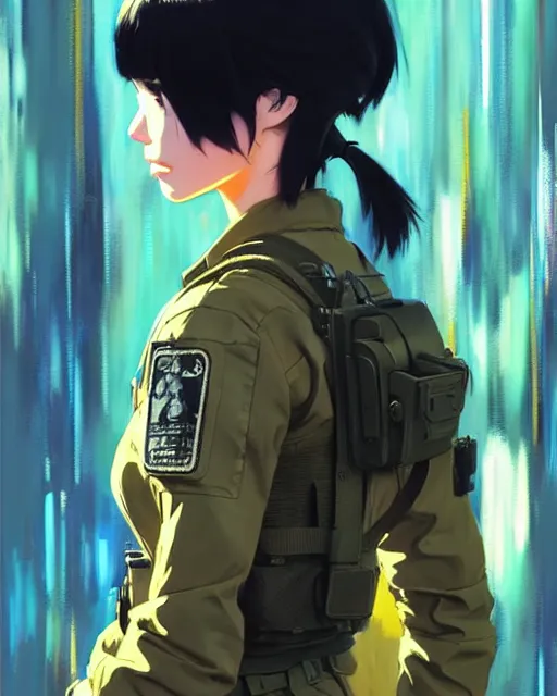 Image similar to girl wearing in tactical gear | | audrey plaza, fine detail!! anime!! realistic shaded lighting!! dramatic!! poster by ilya kuvshinov katsuhiro otomo ghost - in - the - shell, magali villeneuve, artgerm, jeremy lipkin and michael garmash and rob rey