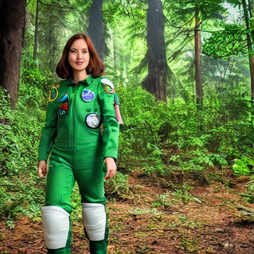 Image similar to a female space scout wearing a green uniform with white armor exploring a forest planet