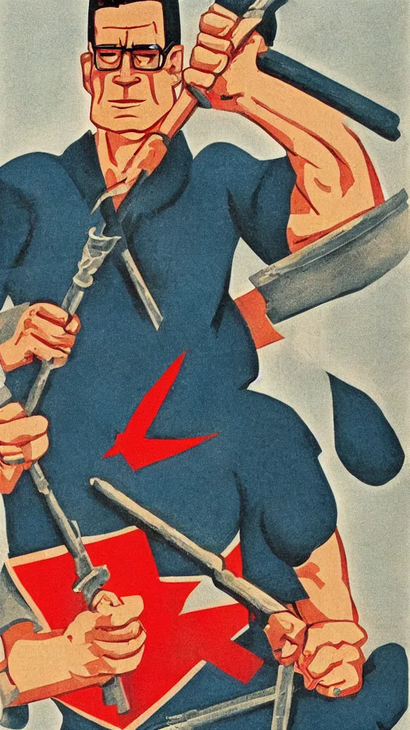 Prompt: Hank Hill holding a hammer and sickle, highly detailed Soviet propaganda poster, by Nikolai Chomov