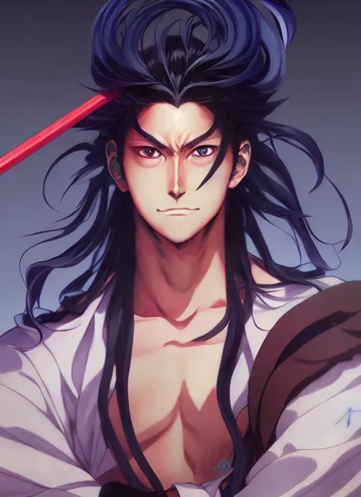 Image similar to Anime portrait tanjiro handsome water swordman kimmetsu no yaiba , digital painting, concept art, d&d, art by ufotable and Artgerm and Greg Rutkowski and Alphonse Mucha