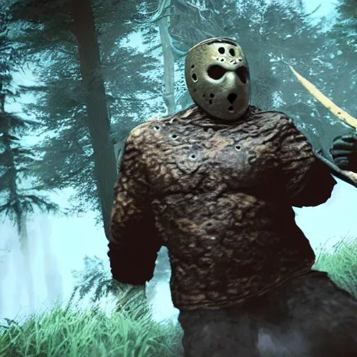 Image similar to jason voorhees fighting bigfoot in the forest, landscape, unreal engine art, hyper realistic