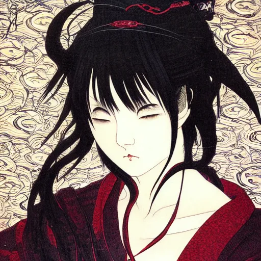 Image similar to prompt : portrait of muse soft light painted by takato yamamoto, magical rinnegan eyes, inspired by ninja anime, smooth face feature, intricate oil painting, high detail, sharp high detail, manga and anime