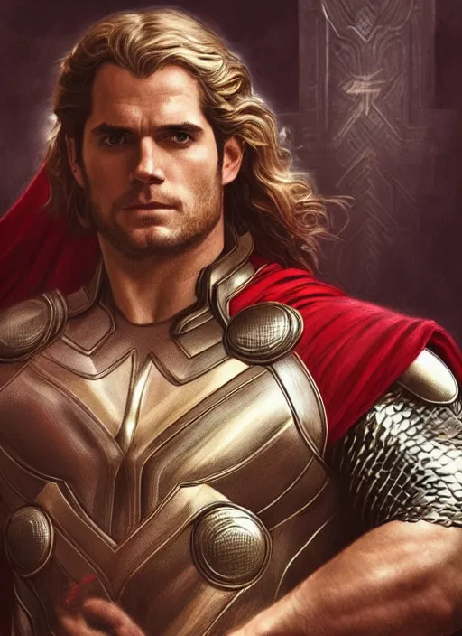 Image similar to Henry Cavill as Thor, fantasy, intricate, elegant, highly detailed, digital painting, artstation, concept art, smooth, sharp focus, illustration, art by artgerm and greg rutkowski and alphonse mucha