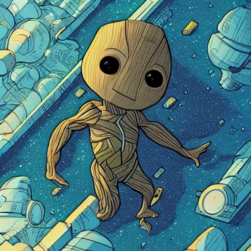 Image similar to baby groot lies completely flat in bed the space ship, by victo ngai