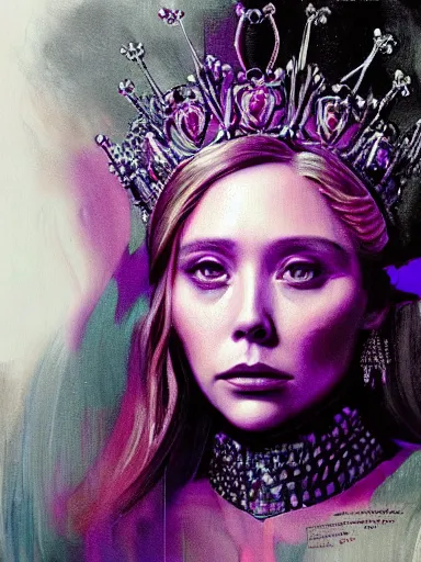 Image similar to pink portrait of young beautiful female angel queen Elizabeth Olsen head wearing shiny pink crown, subtle purple accents, hyper details, black metal rococo, sculpted by Alex Alice, Craig Mullins, yoji shinkawa, trending on artstation, beautifully lit, Peter mohrbacher, hyper detailed, insane details, intricate, elite, elegant, luxury, ray of light through smoke, CGsociety, hypermaximalist, golden ratio, background urban cityscape, night, neofuture, volumetric, octane render, weta digital, micro details, 3d sculpture