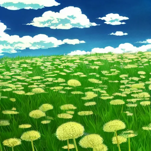 Image similar to A wide-up shot of a sea of withe dandelions with green wind blowing, anime style, Studio Ghibli style, cel shading,