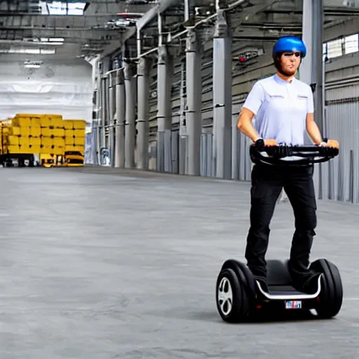 Image similar to human segway driving through an industrial environment delivering packages