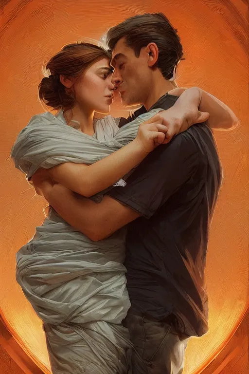 Image similar to portrait of a man in tin - foil hat and orange t - shirt hugging his wife in a bed, feelings, romantic, fantasy, intricate, elegant, highly detailed, digital painting, artstation, concept art, smooth, sharp focus, illustration, art by artgerm and greg rutkowski and alphonse mucha