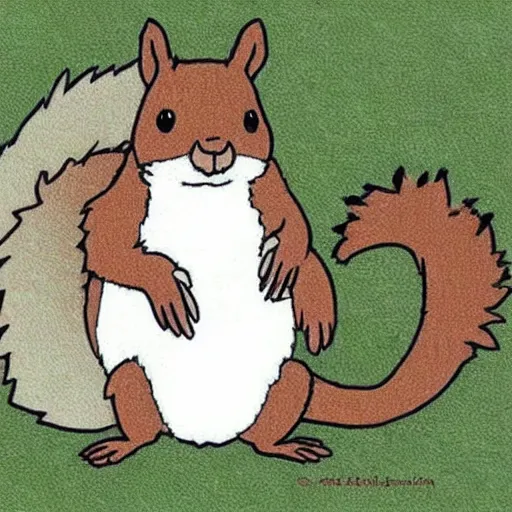 Prompt: a cute squirrel whit fluffy fur drawn by studio ghibli