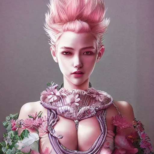 Prompt: the portrait of an absurdly beautiful, graceful, elegant, sophisticated, fashionable young gravure idol made of strawberries and white petals pink hair, an ultrafine hyperdetailed illustration by kim jung gi, irakli nadar, intricate linework, bright colors, octopath traveler, final fantasy, unreal engine highly rendered, global illumination, radiant light, intricate environment