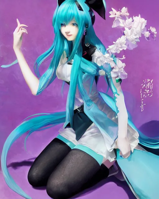 Image similar to beautiful Hatsune Miku by Ruan Jia and Gil Elvgren, fullbody