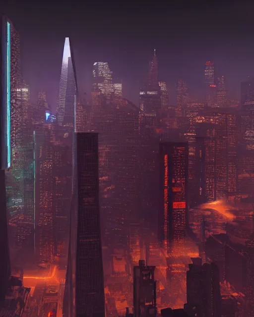 Image similar to cyberpunk scifi scene of san franscisco at night, aerial view, craft flying by, artstation, matt painting, very detailed, maximalism, ambient occlusion, volumetric light, atmospheric haze, unreal engine, hyper realism, realistic shading, cinematic composition, realistic render, octane render, detailed textures, photorealistic, wide shot