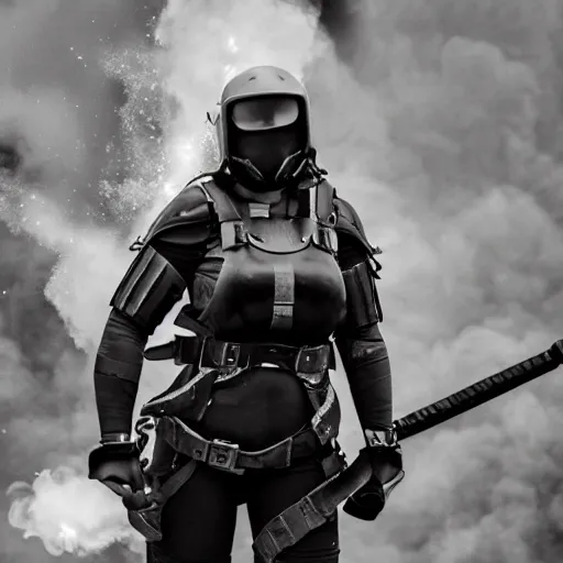 Prompt: photo of female warrior with jetpack and flamethrower