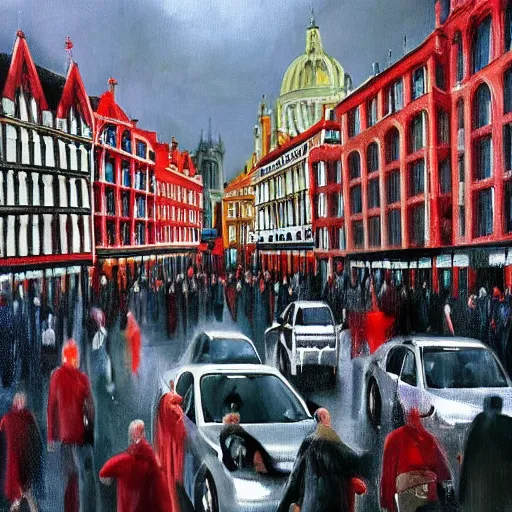 Image similar to A British European City with cars and people roaming inside of the city, certain aspects of the background are lens blurred, splatters of red on the border of the image, some of the people are even painted red, black and white photograph painting, real life, realistic, hyperrealistic, very realistic, photo photograph, photo, photograph, painting, oil painting, ultra realistic, very detailed, extremely detailed, highly detailed, HD Quality, 4k resolution, 8k resolution, trending on artstation, in the style of an Album Cover, cool, epic, nostalgic, intricate details, black and white image