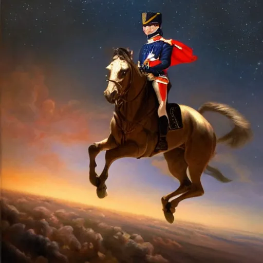 Image similar to An ultra realistic portrait painting of Napoleon Bonapart flying in space in the style of Frank Frazetta, 4k, Ultra realistic, Highly detailed, Dark fantasy, Epic lighting