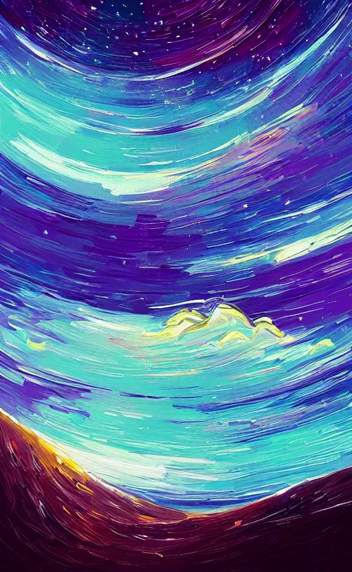 Image similar to a beautiful illustration of interstellar, art of alena aenami, featured on artstation, vertical orientation, paint brush strokes, expressionism, brushstroke - laden, breathtaking clouds, birds, ocean, beautiful stars, long exposure, big moon radius, airy midnight theme, blue purple gradient, lens flare