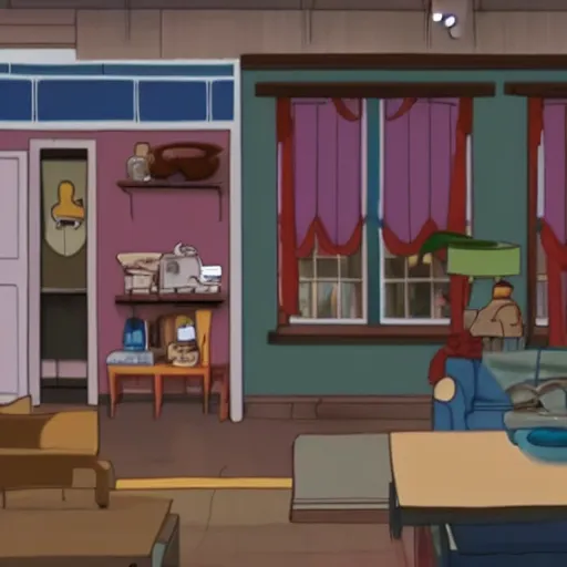 Image similar to Screenshot from Disney Pixar's Seinfeld (2022), inside Jerry's apartment