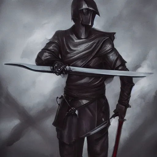 Prompt: a shadowy men standing while holding his sword 2 d