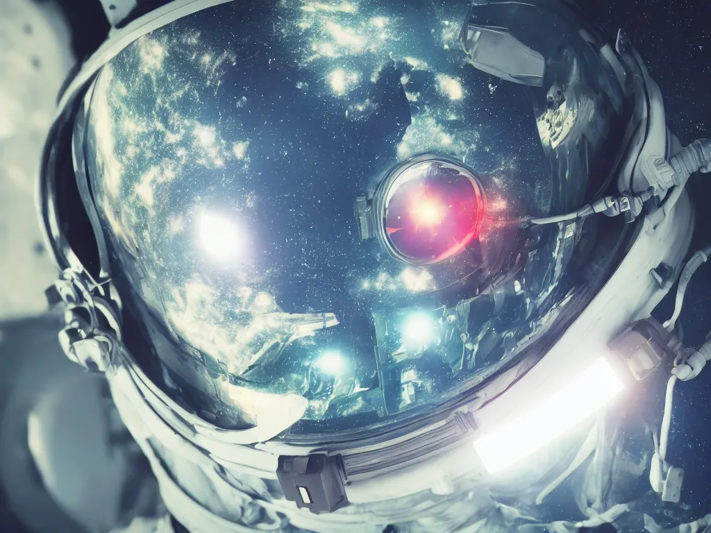 Image similar to photorealistic scene of one cyberpunk astronaut helmet with light reflection looking at space with cosmos background, extremely close shot, 8k, cinematic, epic