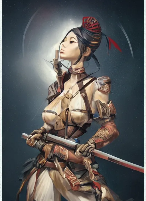 Image similar to a female war hero enchantingly [ unsheathes her brightly illuminated katana ]!!, with a [ disdain look on her face ]!, she positions it over her body readying for attacks, surrealism art!!, portrait!!, trending on cgsociety, 4 k quality, intricately detailed