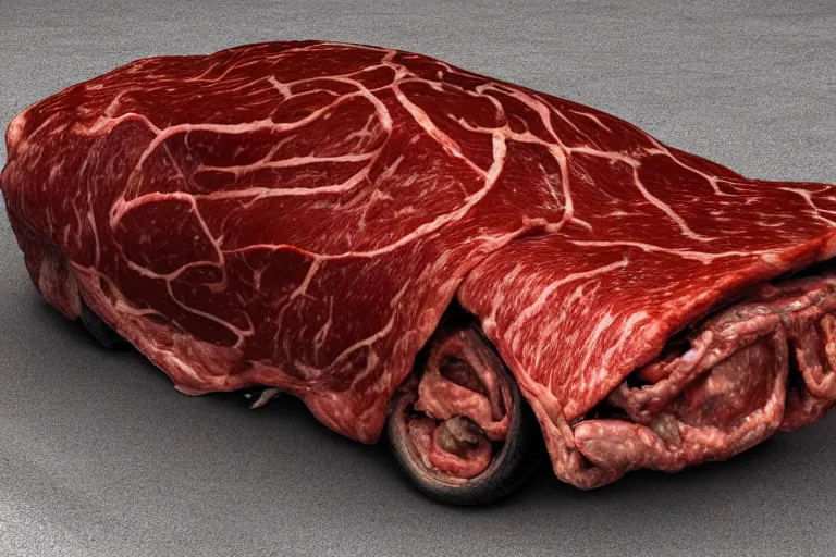 Prompt: car made of meat, sinister meat car, hd render, digital art