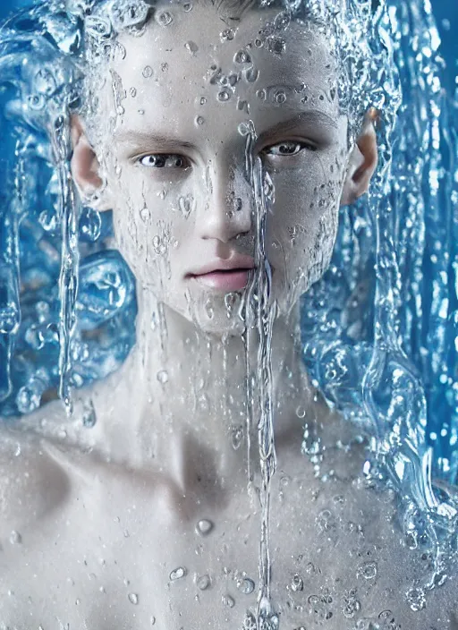 Image similar to sculpture made of water, portrait, female, future, shaman, harper's bazaar, vogue, magazine, insanely detailed and intricate, concept art, close up, wet, ornate, luxury, elite, elegant, trending on artstation, by ruan jia, by Kenneth Willardt, by ross tran, by WLOP, by Andrei Riabovitchev,