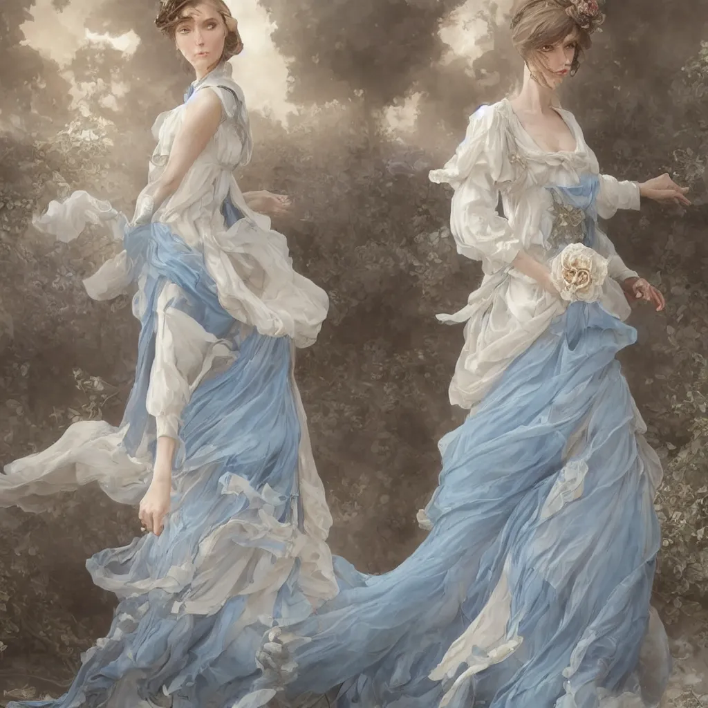 Prompt: woman dressed in a vaporous wrapped large victorian cream roses silk semi-transparent blue and cream dress fashion is running D&D, fantasy, intricate, elegant, highly detailed, digital painting, artstation, concept art, matte, sharp focus, illustration, art by Artgerm and Greg Rutkowski and Alphonse Mucha, UHD