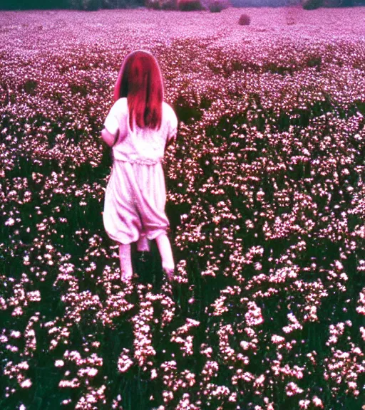 Image similar to encounter with satan in beautiful meadow of flowers, film photo from 1970s, grainy, high detail, high resolution