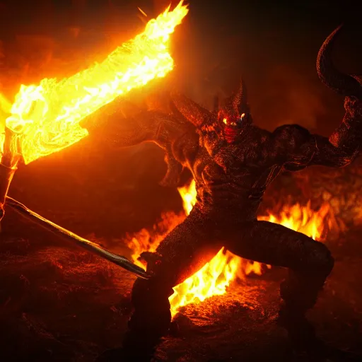 Image similar to Warrior Fighting Demon in Hell ultra detailed, insane detailes, hyper realistic, 8k, photo realistic, volumetric lighting, unreal engine, octane render