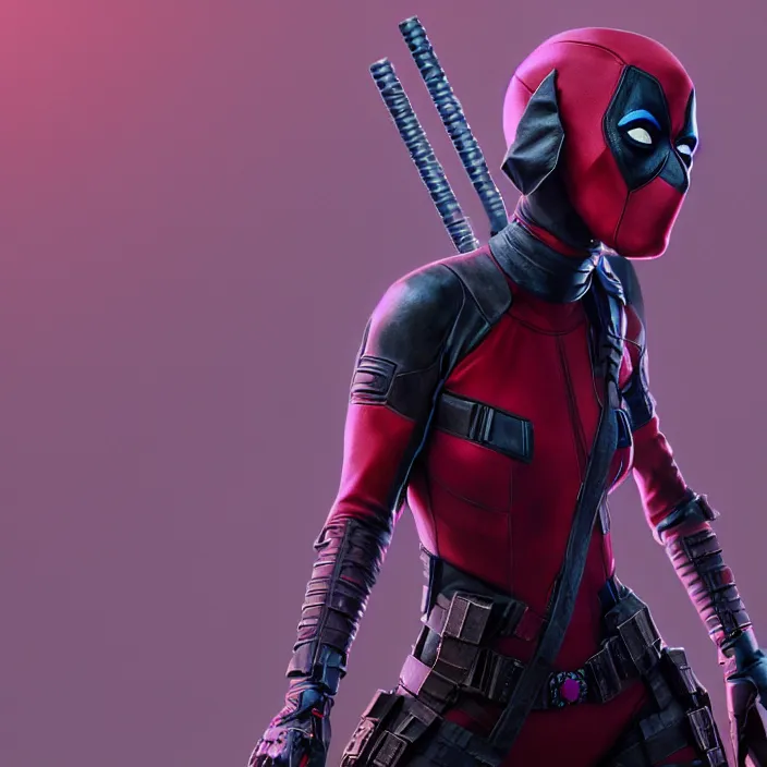 Image similar to charlize theron as lady deadpool. intricate abstract. intricate artwork. by tooth wu, wlop, beeple, dan mumford. octane render, trending on artstation, greg rutkowski very coherent symmetrical artwork. cinematic, hyper realism, high detail, octane render, 8 k, iridescent accents