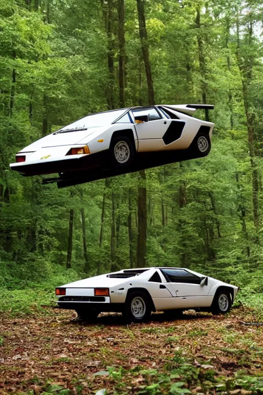 Image similar to 1988 Lamborghini Countach floating in mid-air Abandoned in the Woods