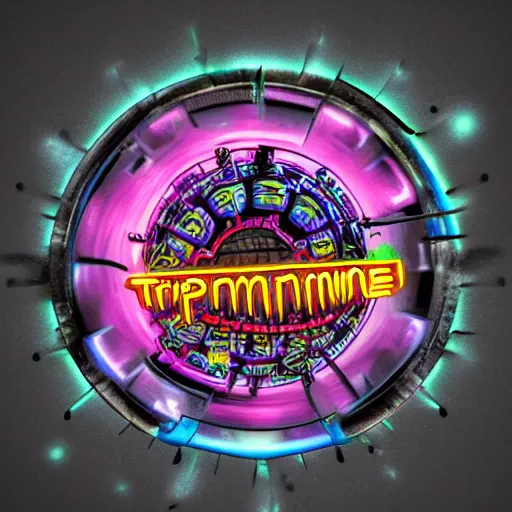 Image similar to sticker of a rock band, name is tripmachine, on the sticker is a 3 d render of a huge futuristic steampunk generator with gears and trippy music instruments, 8 k, fluorescent colors, halluzinogenic, multicolored, exaggerated detailed, silk screen art