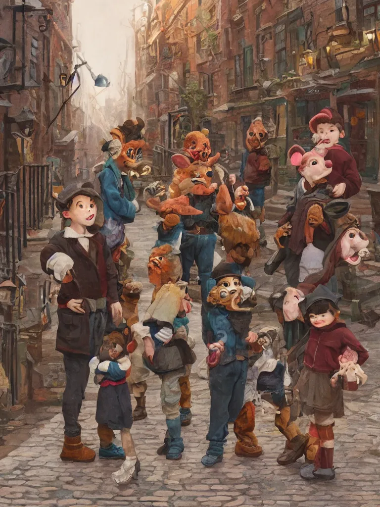 Prompt: three kids on the bottom center of the frame wearing vintage animal masks, standing in the middle of a cobble stone street in brooklyn, the lighting is godly and soft, whimsical, disney concept art style