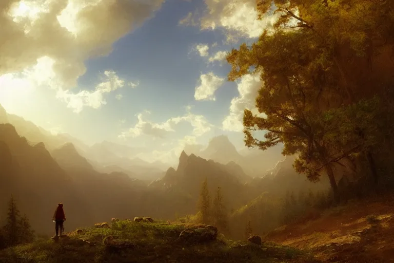 Image similar to a traveler wandering trough the mountains looking at the clouds, very detailed, oil painting, cinematic lighting, neo-romanticism, albert bierstadt, trending on artstation, colorful