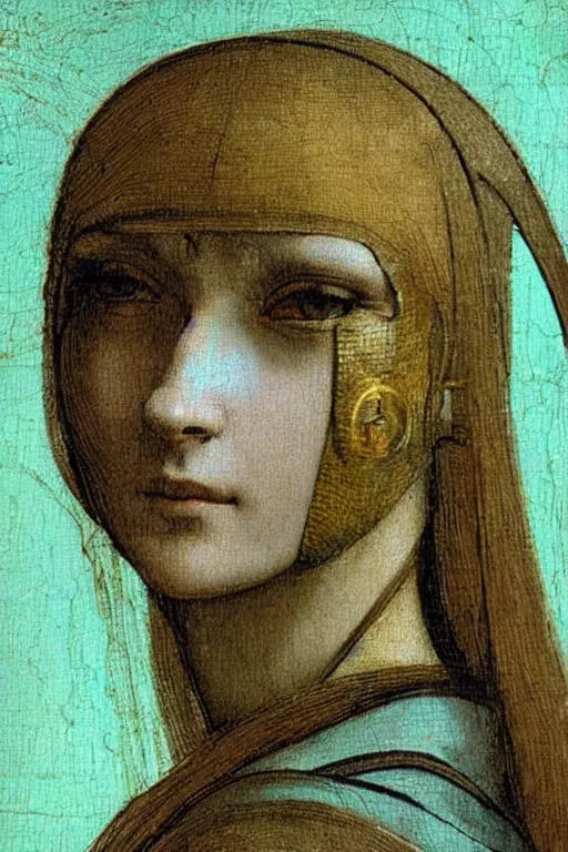 Image similar to a close - up portrait of a cyberpunk cyborg girl, by leonardo davinci, rule of thirds