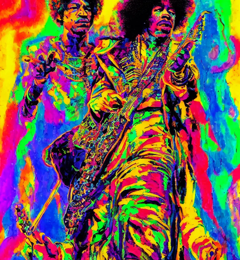 Prompt: jimi hendrix full body, colourful afrofuturist biomorphic scifi opart in background, 8 k