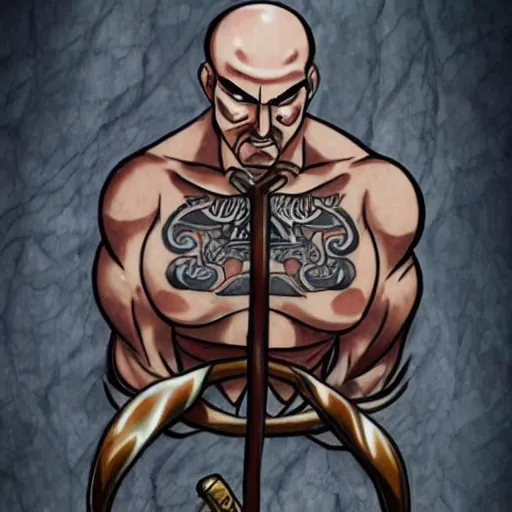 Image similar to muscular bald man, tattooed body, sword in hands, HD, anime style,