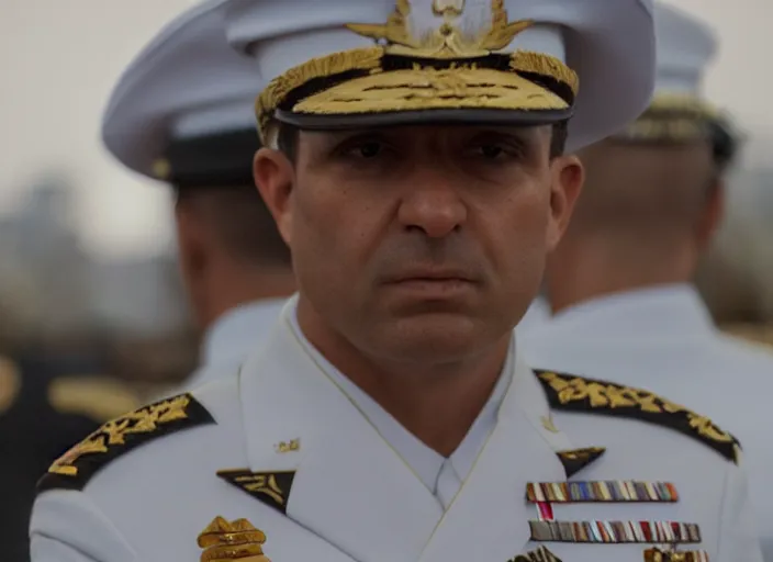 Prompt: proud general wearing a white naval general uniform, no medals, no epaulettes, his arms are behind his back, ultra realistic, 4 k, movie still, uhd, sharp, detailed, cinematic, render, modern