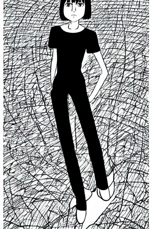 Image similar to portrait of a girl in long pants and a top, hands in pockets, eyes closed, bob haircut, digital art, black and white, lineart by junji ito and kaoru mori