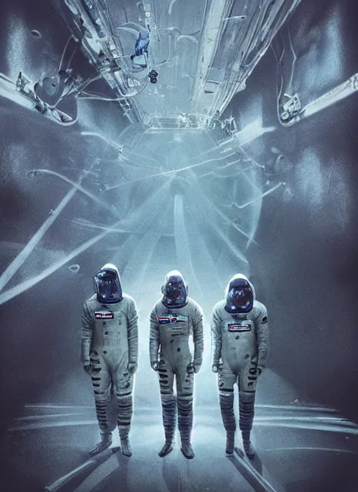 Image similar to astronauts in dark and empty void underwater - complex composition and hyperdetailed technical suit. reflection and dispersion materials. rays and dispersion of light. volumetric light. 5 0 mm, f / 3 2. noise film photo. flash photography. ultra realistic, wide angle. poster by wayne barlowe, hajime sorayama aaron horkey, craig mullins. polaroid.