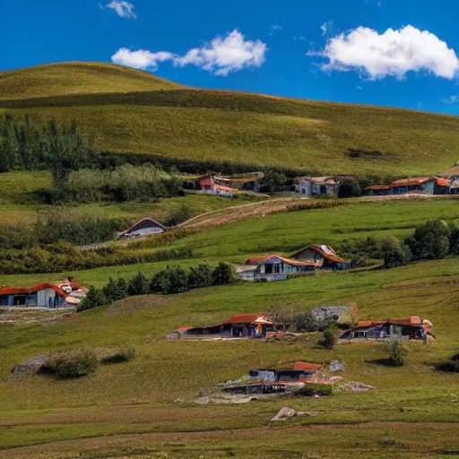 Prompt: empty green grassy hills with blue cloudy sky with isolated houses scattered unnaturally across the steep hills