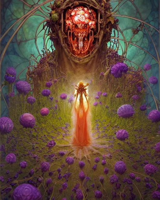 Image similar to the platonic ideal of flowers, rotting, insects and praying of cletus kasady carnage davinci dementor chtulu mandelbulb mandala ponyo dinotopia bioshock the witcher, d & d, fantasy, ego death, decay, dmt, psilocybin, concept art by randy vargas and greg rutkowski and ruan jia and alphonse mucha