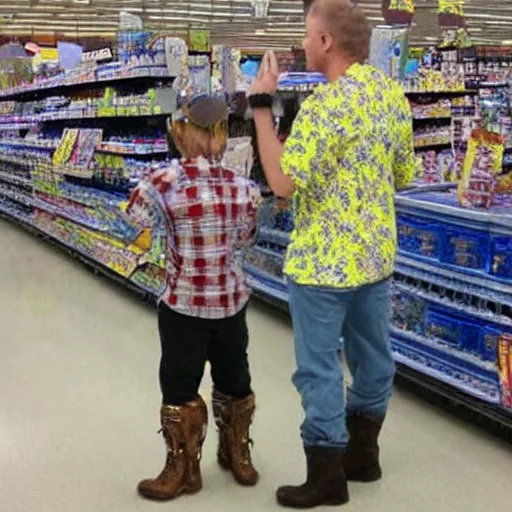 Prompt: real alien at Walmart, wearing cowboy boots, photo, photorealistic, ultra realism, intricate