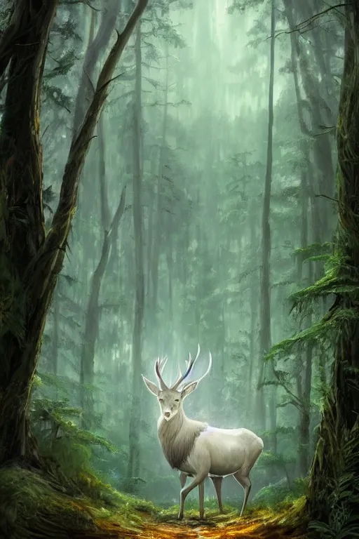 Image similar to Magical White Stag in the distance, lush evergreen forest, vivid colors, night scene, 4K, character concept art, oil painting, digital painting, painterly, cinematic lighting, rule of thirds, trending in artstation, cgsociety, by anato finnstark, Artgerm, Greg Rutkowski, Joseph Christian Leyendecker