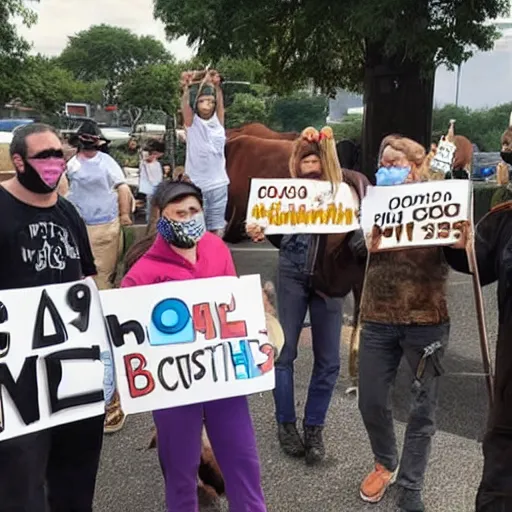 Image similar to cows protesting, holding op signs