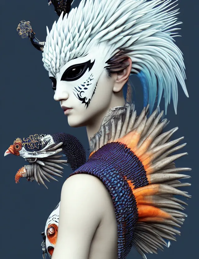 Image similar to 3 d goddess close - up profile simple portrait punk with mohawk with ram skull. beautiful intricately detailed japanese crow kitsune mask and clasical japanese kimono. betta fish, jellyfish phoenix, bio luminescent, plasma, ice, water, wind, creature, artwork by tooth wu and wlop and beeple and greg rutkowski