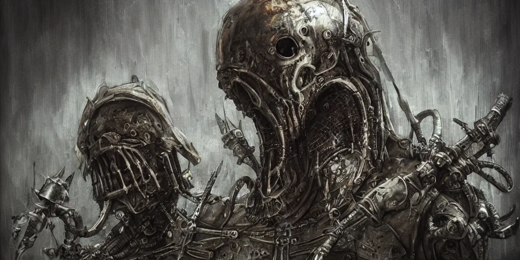 Image similar to biopunk medieval german knight, horror, creepy, artstation, highly detailed painting, art by hr giger