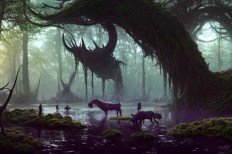 Prompt: colossal beasts walk through a swamp on alien planet, illustration, chaotic, lush, forest soul, mist, elden ring, opalescent night background, colossal, volumetric lighting, soft lighting, soft details, painting oil on canvas by Edmund Blair Leighton and charlie bowater octane render, HDR, trending on artstation, 4k, 8k, HD